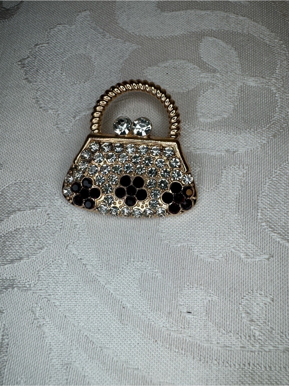 New Gold Crystal Pavé Purse Pin Brooch - Gold and deep wine color
